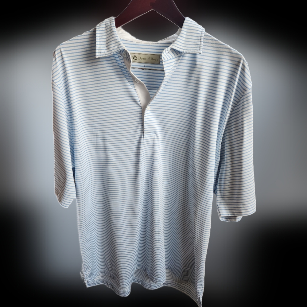 Donald Ross Polo Shirt Mens Large Blue Stripe Logo Casual Golf Short Sleeve